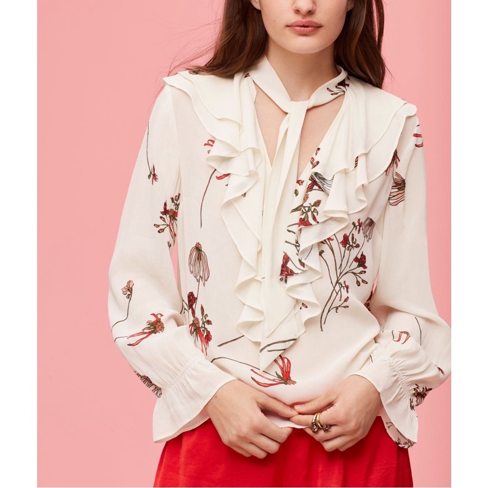 Little Moon Aritzia Cream Floral Satin Ruffle Neck Blouse SMALL Fairy Romantic